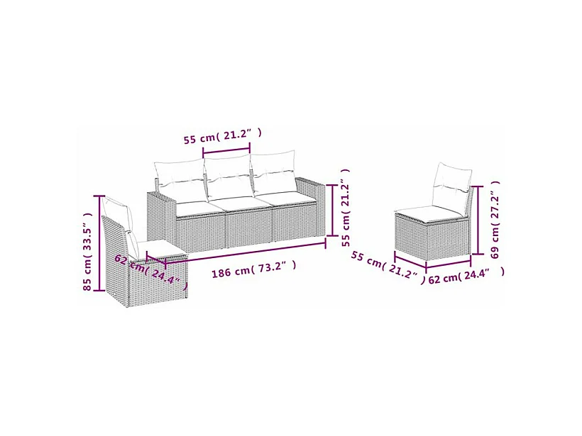 Salon de jardin 5 pcs avec coussins gris clair résine tressée