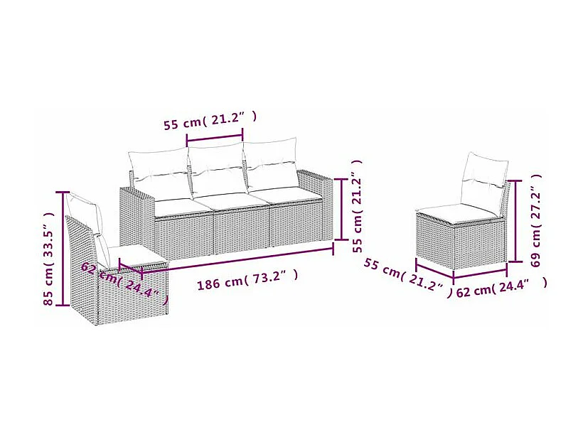 Salon de jardin 5 pcs avec coussins gris clair résine tressée