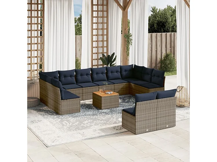 Salon de jardin avec coussins 13 pcs gris résine tressée