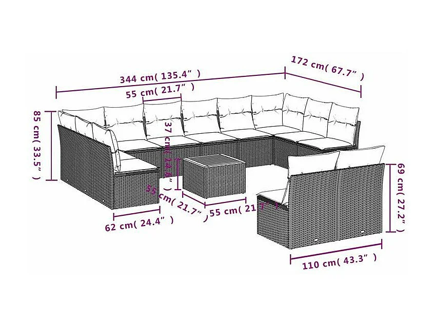 Salon de jardin avec coussins 13 pcs gris résine tressée