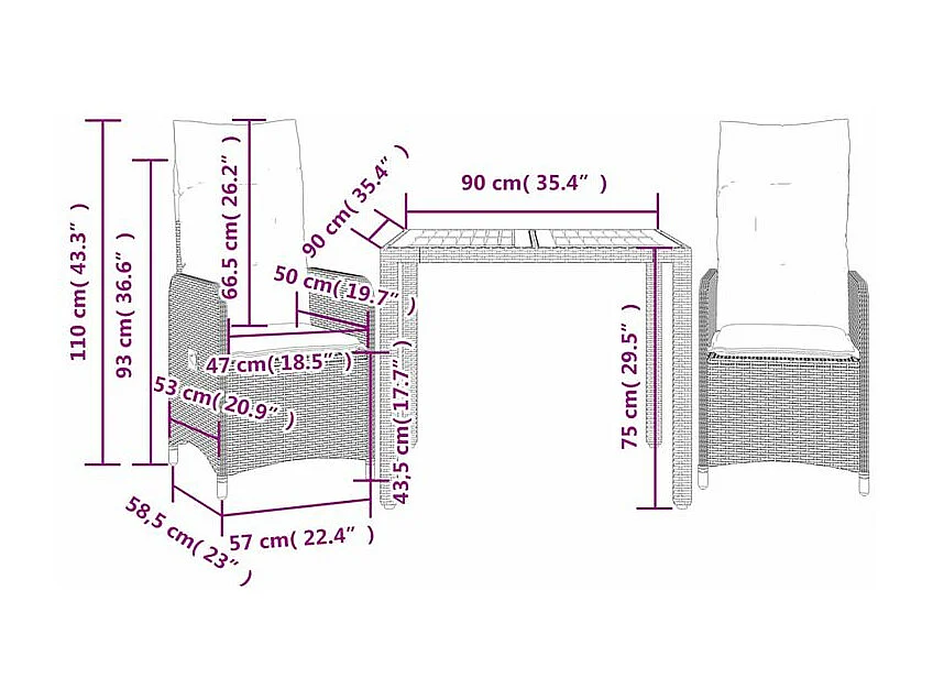 Ensemble de bistro de jardin 3 pcs coussins gris poly rotin