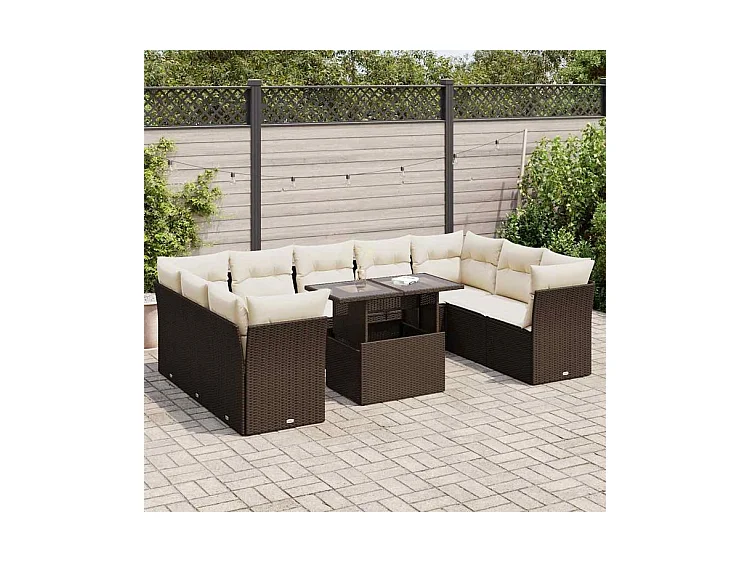 Salon de jardin 10 pcs avec coussins marron résine tressée