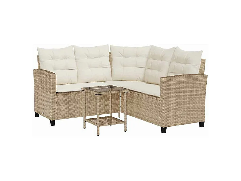 Canapé de jardin avec table et coussins en forme de L beige