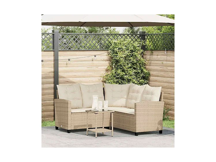 Canapé de jardin avec table et coussins en forme de L beige