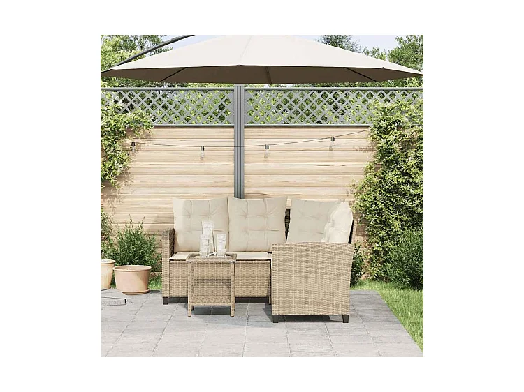 Canapé de jardin avec table et coussins en forme de L beige