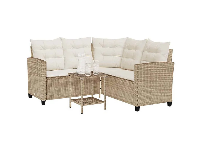 Canapé de jardin avec table et coussins en forme de L beige
