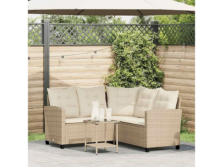 Canapé de jardin avec table et coussins en forme de L beige