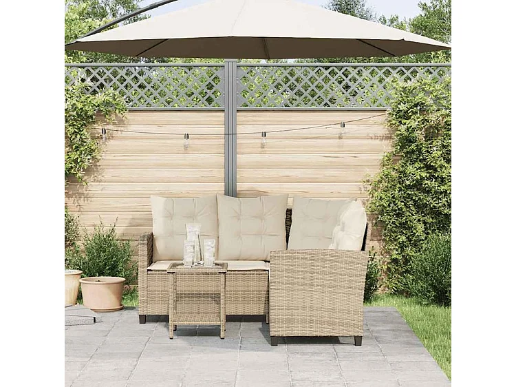 Canapé de jardin avec table et coussins en forme de L beige