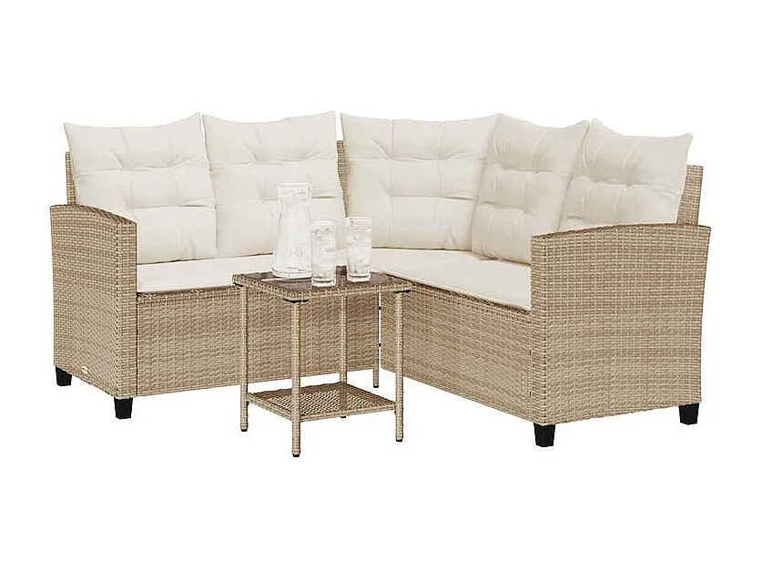 Canapé de jardin avec table et coussins en forme de L beige