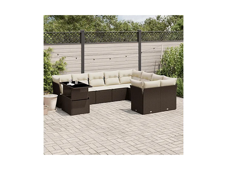 Salon de jardin 10 pcs avec coussins marron résine tressée