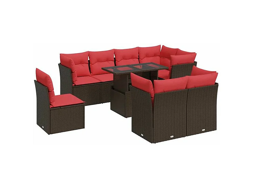 Salon de jardin avec coussins 9pcs marron résine tressée acacia