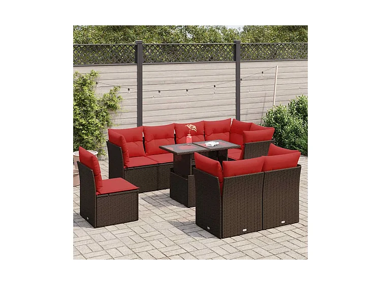 Salon de jardin avec coussins 9pcs marron résine tressée acacia