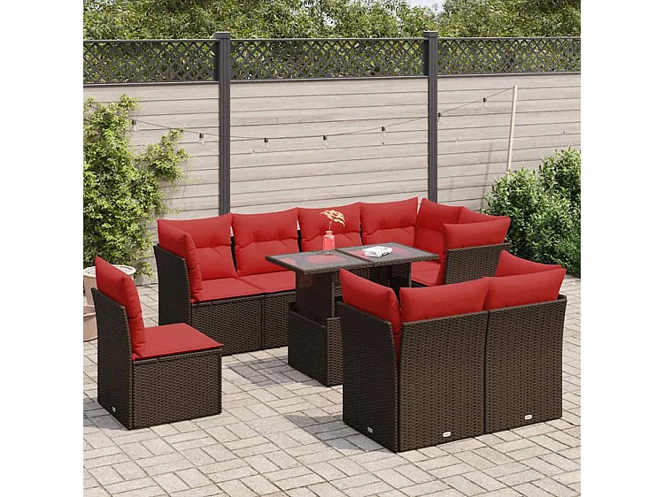 Salon de jardin avec coussins 9pcs marron résine tressée acacia