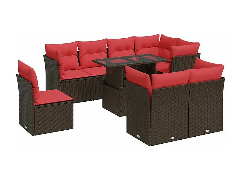 Salon de jardin avec coussins 9pcs marron résine tressée acacia