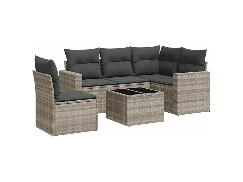 Salon de jardin 6 pcs avec coussins gris clair résine tressée