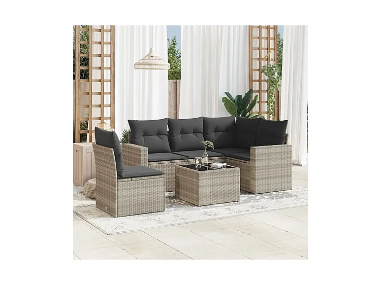 Salon de jardin 6 pcs avec coussins gris clair résine tressée