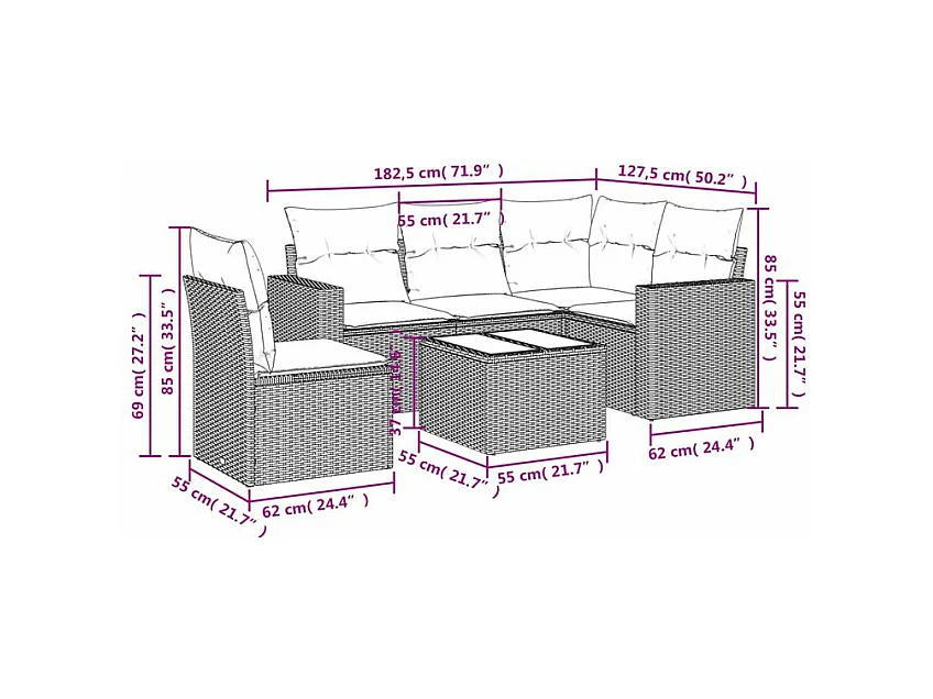 Salon de jardin 6 pcs avec coussins gris clair résine tressée