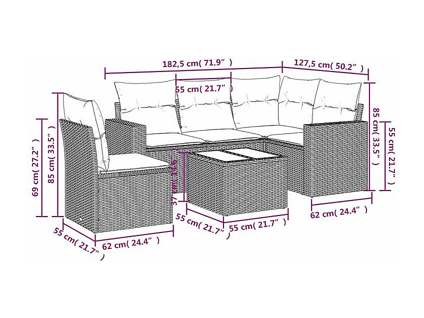 Salon de jardin 6 pcs avec coussins gris clair résine tressée