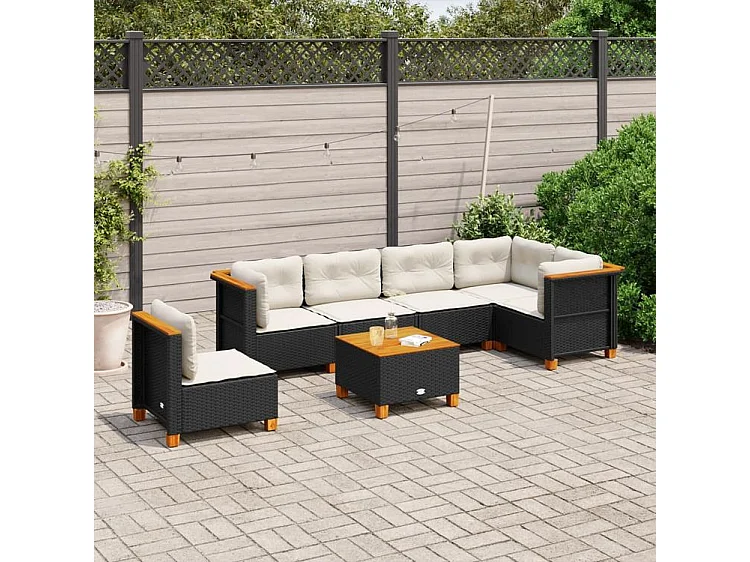 Salon de jardin 7 pcs avec coussins noir résine tressée