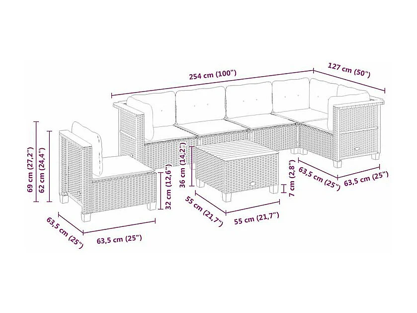 Salon de jardin 7 pcs avec coussins noir résine tressée