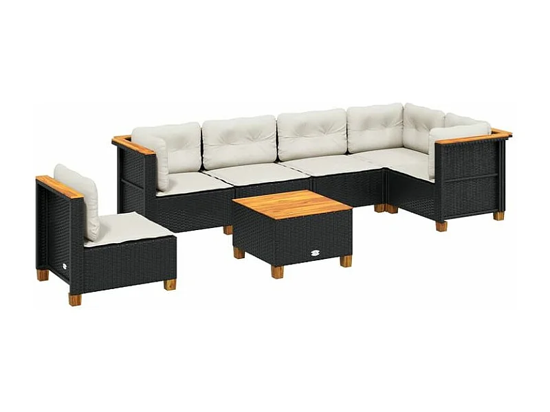 Salon de jardin 7 pcs avec coussins noir résine tressée