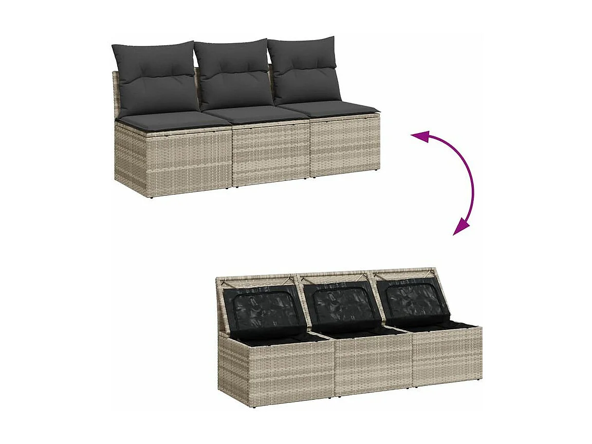 Canapé de jardin et coussins 3 places gris clair résine tressée