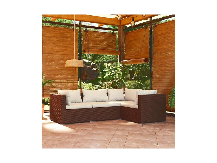 Salon de jardin 4 pcs avec coussins Résine tressée Marron