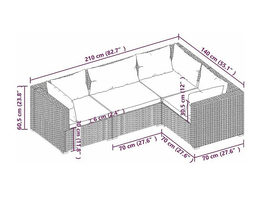 Salon de jardin 4 pcs avec coussins Résine tressée Marron