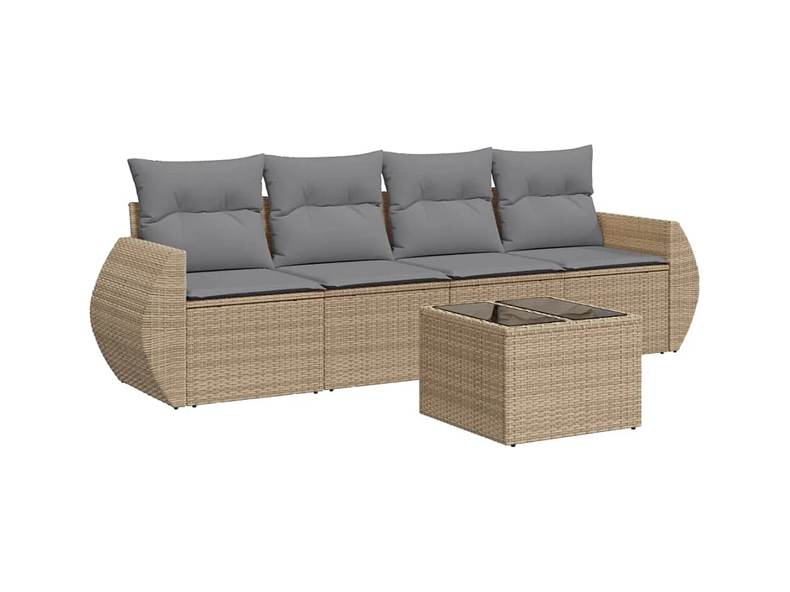 Salon de jardin avec coussins 5 pcs beige résine tressée