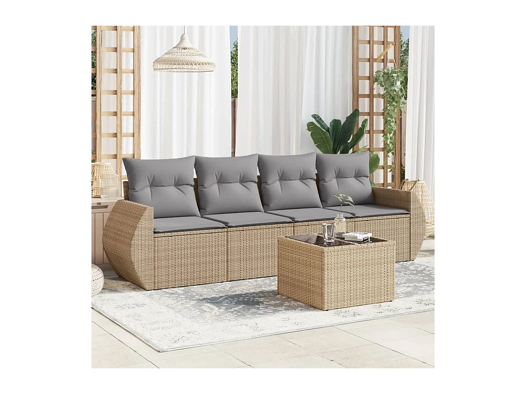 Salon de jardin avec coussins 5 pcs beige résine tressée