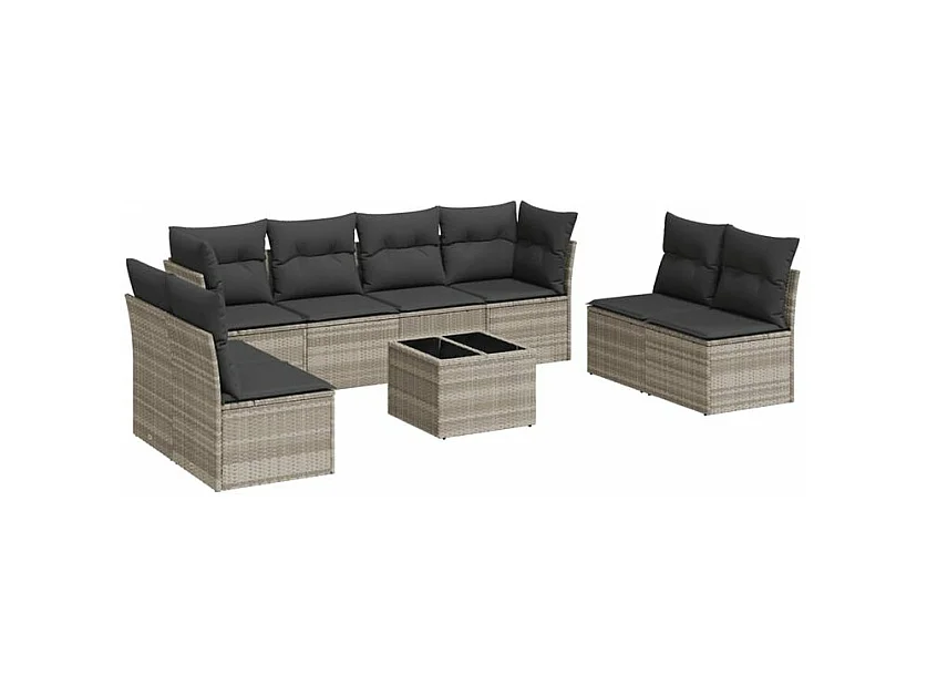 Salon de jardin 9 pcs avec coussins gris clair résine tressée