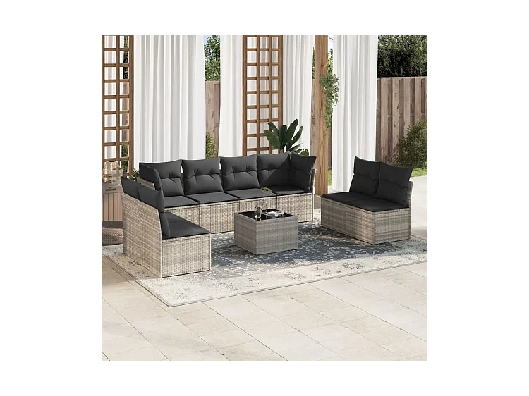 Salon de jardin 9 pcs avec coussins gris clair résine tressée