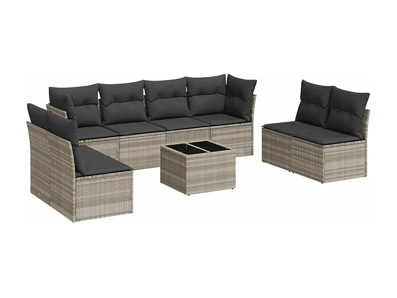 Salon de jardin 9 pcs avec coussins gris clair résine tressée