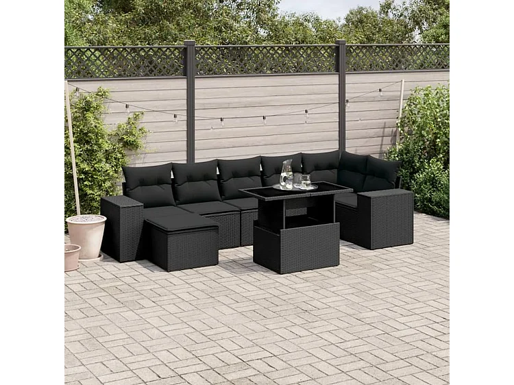Salon de jardin 8 pcs avec coussins noir résine tressée