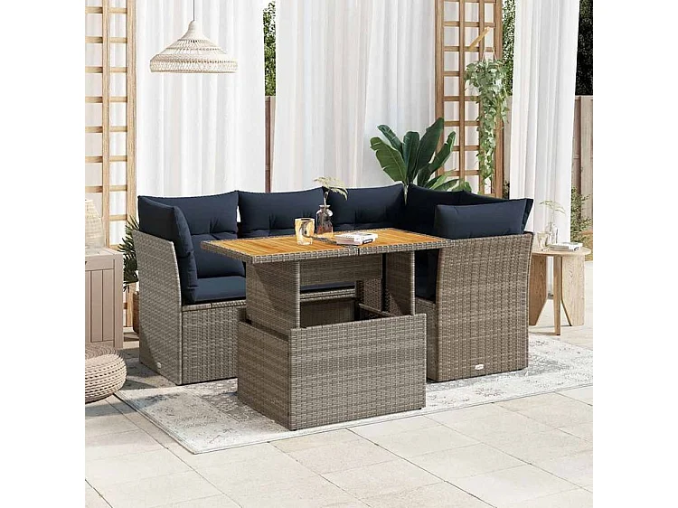 Salon de jardin 5 pcs avec coussins gris résine tressée