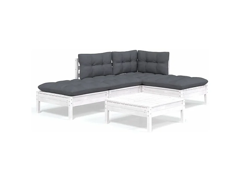 Salon de jardin 5 pcs avec coussins blanc bois de pin