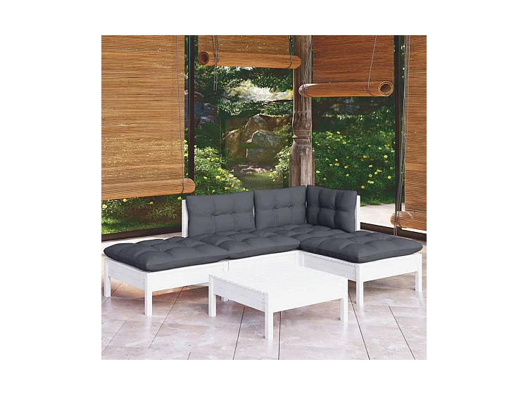 Salon de jardin 5 pcs avec coussins blanc bois de pin