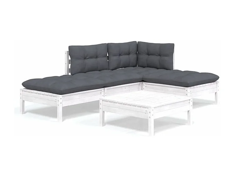 Salon de jardin 5 pcs avec coussins blanc bois de pin