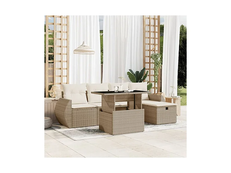 Salon de jardin avec coussins 6 pcs beige résine tressée