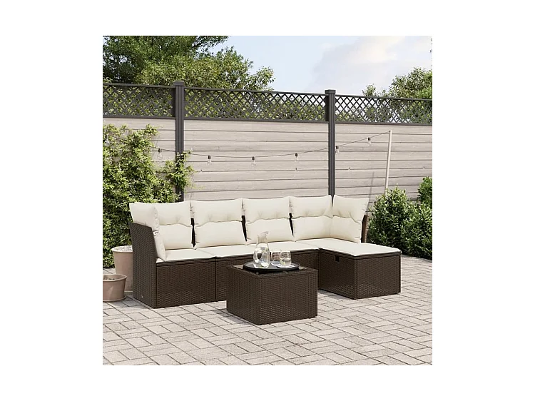 Salon de jardin avec coussins 6 pcs marron résine tressée