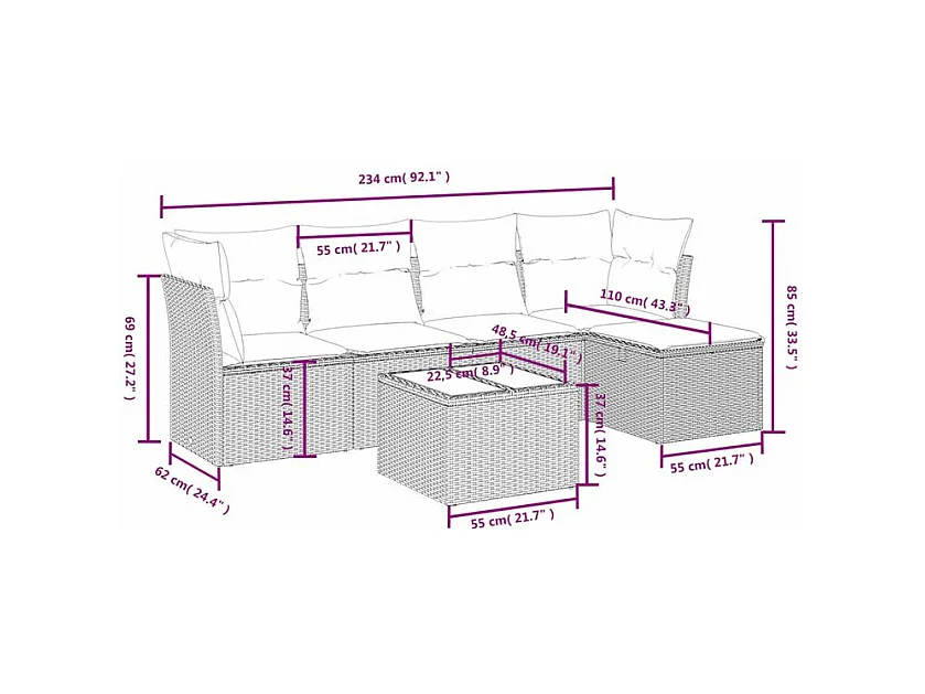 Salon de jardin avec coussins 6 pcs marron résine tressée