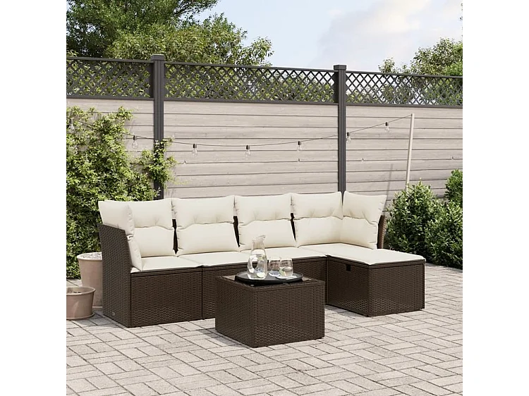 Salon de jardin avec coussins 6 pcs marron résine tressée