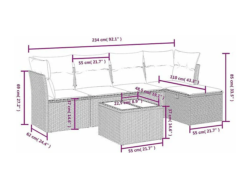 Salon de jardin avec coussins 6 pcs marron résine tressée