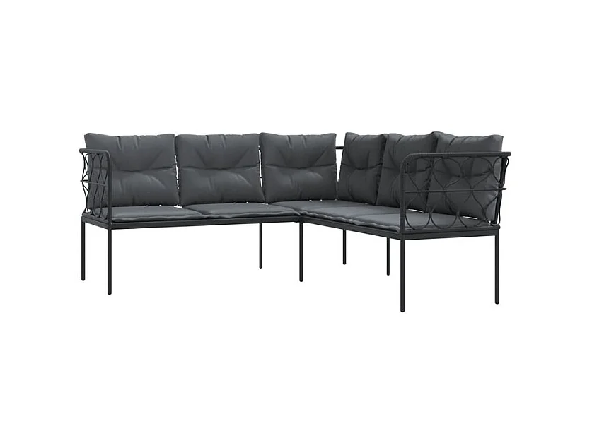 Canapé de jardin avec coussins forme de L noir acier textilène