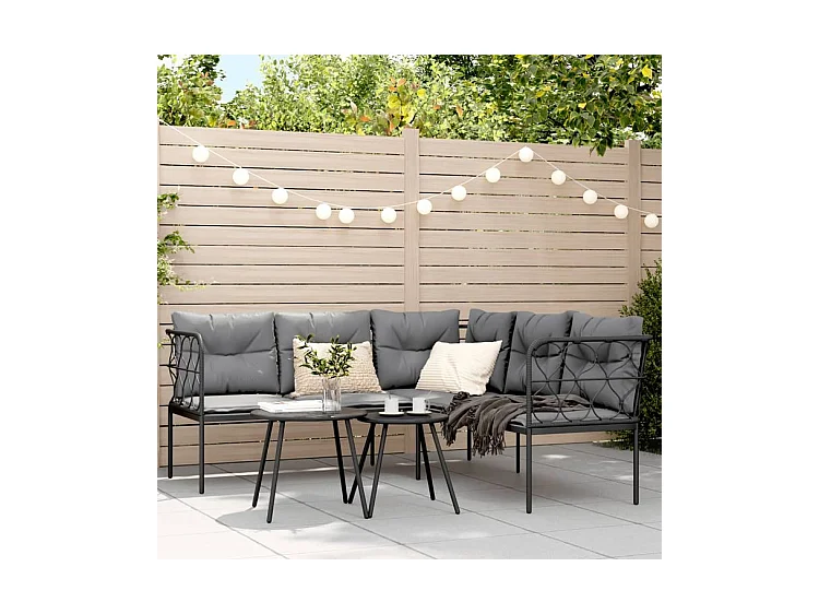 Canapé de jardin avec coussins forme de L noir acier textilène