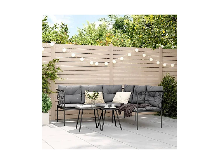 Canapé de jardin avec coussins forme de L noir acier textilène