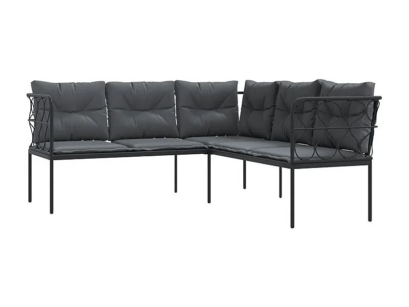 Canapé de jardin avec coussins forme de L noir acier textilène