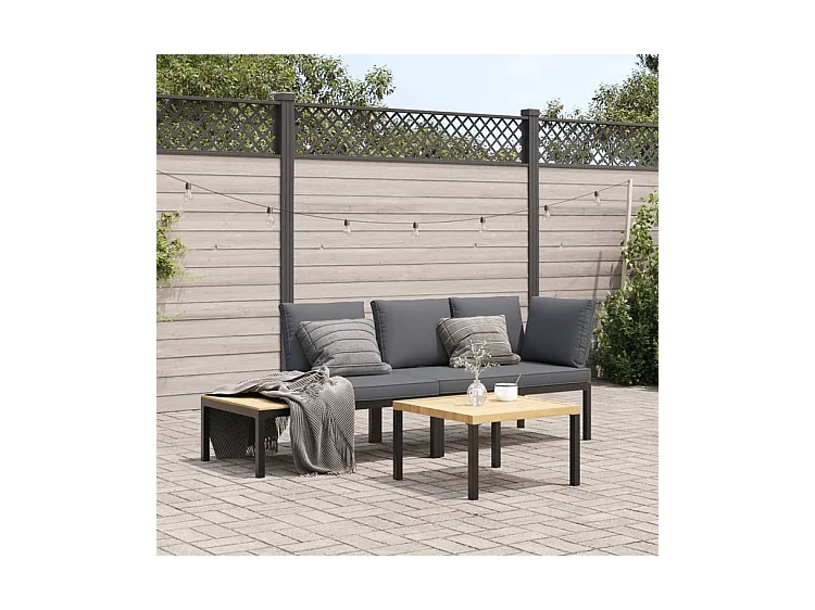 Salon de jardin 3 pcs avec coussins noir aluminium