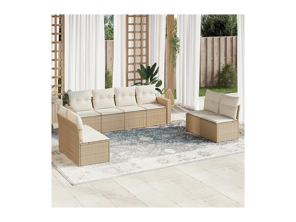 Salon de jardin avec coussins 8 pcs beige résine tressée