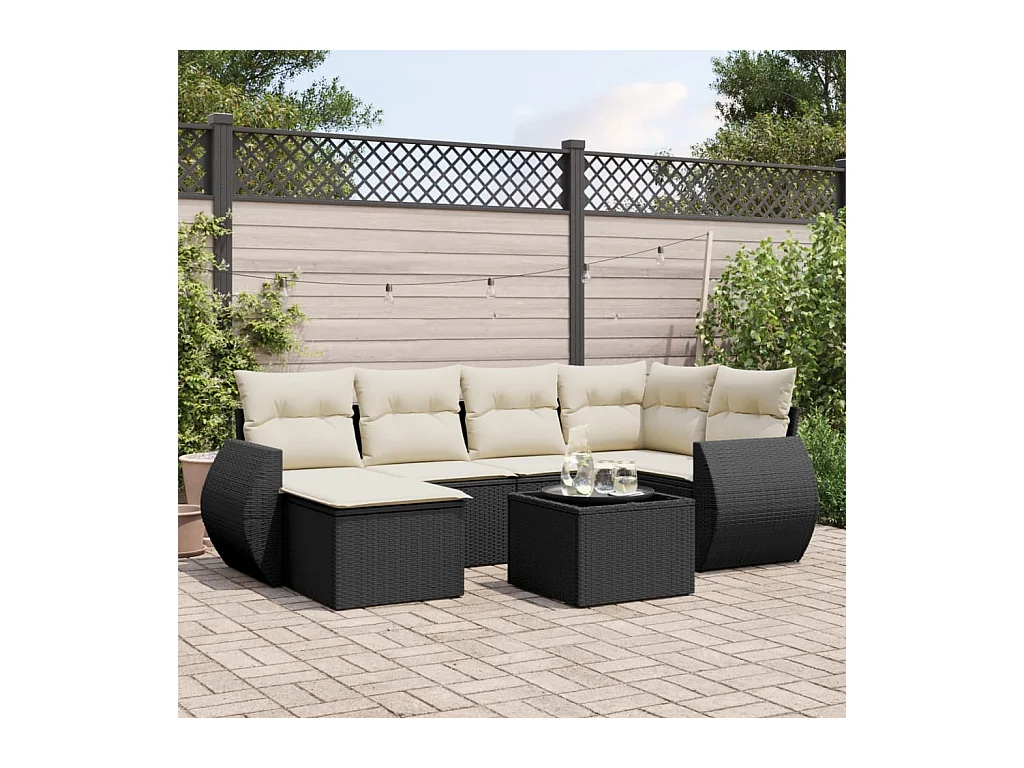 Salon de jardin 7 pcs avec coussins noir résine tressée